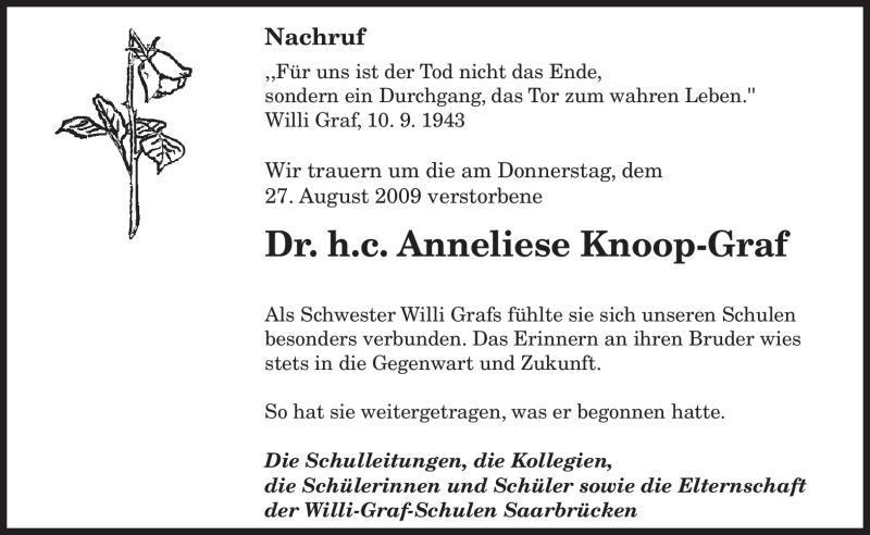  Traueranzeige für Anneliese Knoop-Graf vom 05.09.2009 aus SAARBRÜCKER ZEITUNG