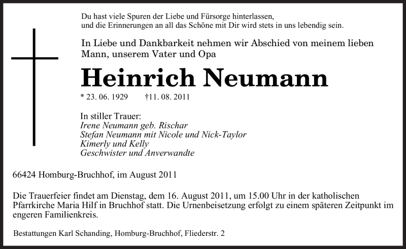 Traueranzeigen Von Heinrich Neumann Saarbruecker Zeitung Trauer De