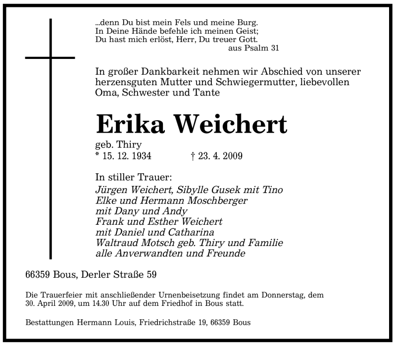 Traueranzeigen Von Erika Weichert Saarbruecker Zeitung Trauer De