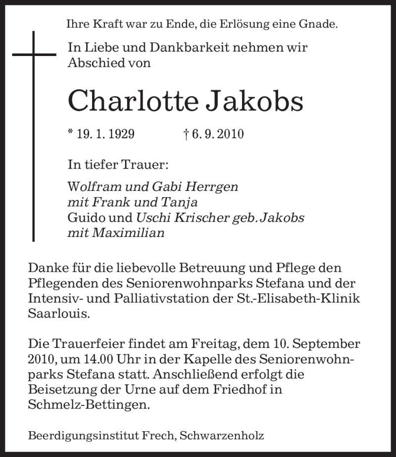 Traueranzeigen Von Charlotte Jakobs Saarbruecker Zeitung Trauer De