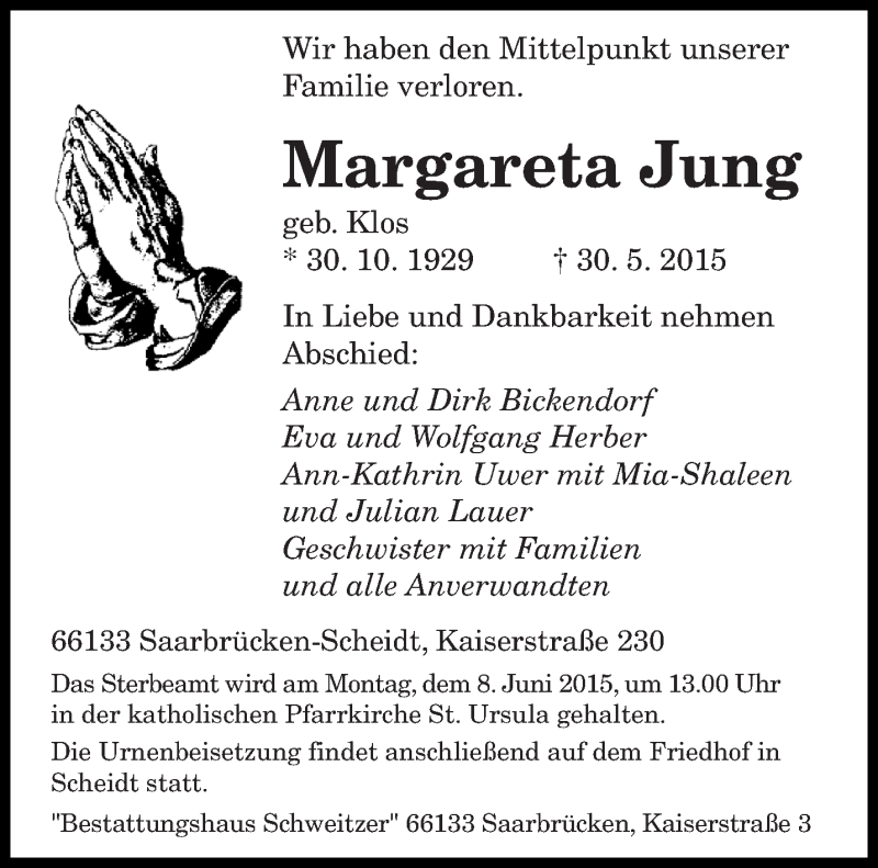  Traueranzeige für Margareta Jung vom 03.06.2015 aus saarbruecker_zeitung