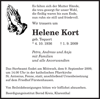 Traueranzeigen Von Helene Kort Saarbruecker Zeitung Trauer De