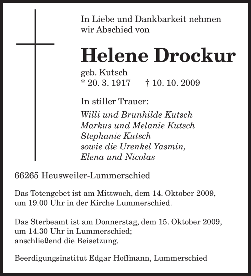 Traueranzeigen Von Helene Drockur Saarbruecker Zeitung Trauer De