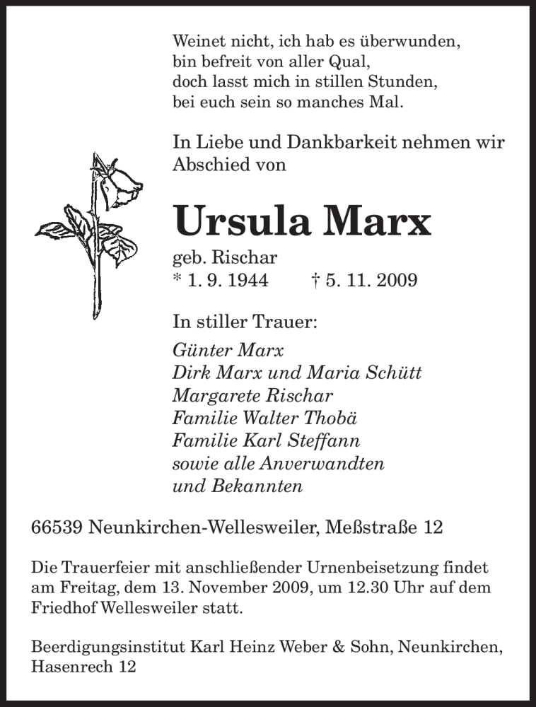 Traueranzeigen Von Ursula Marx Saarbruecker Zeitung Trauer De