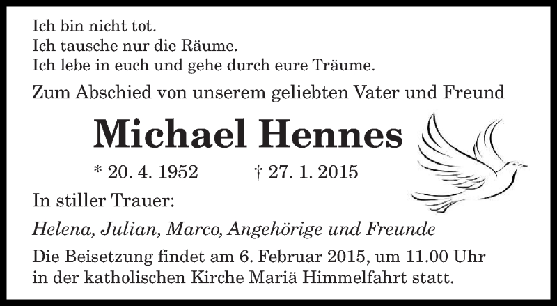  Traueranzeige für Michael Hennes vom 03.02.2015 aus saarbruecker_zeitung