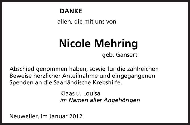  Traueranzeige für Nicole Mehring vom 14.01.2012 aus SAARBRÜCKER ZEITUNG