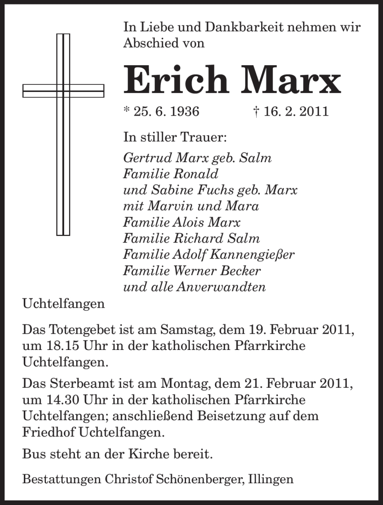 Traueranzeigen Von Erich Marx Saarbruecker Zeitung Trauer De