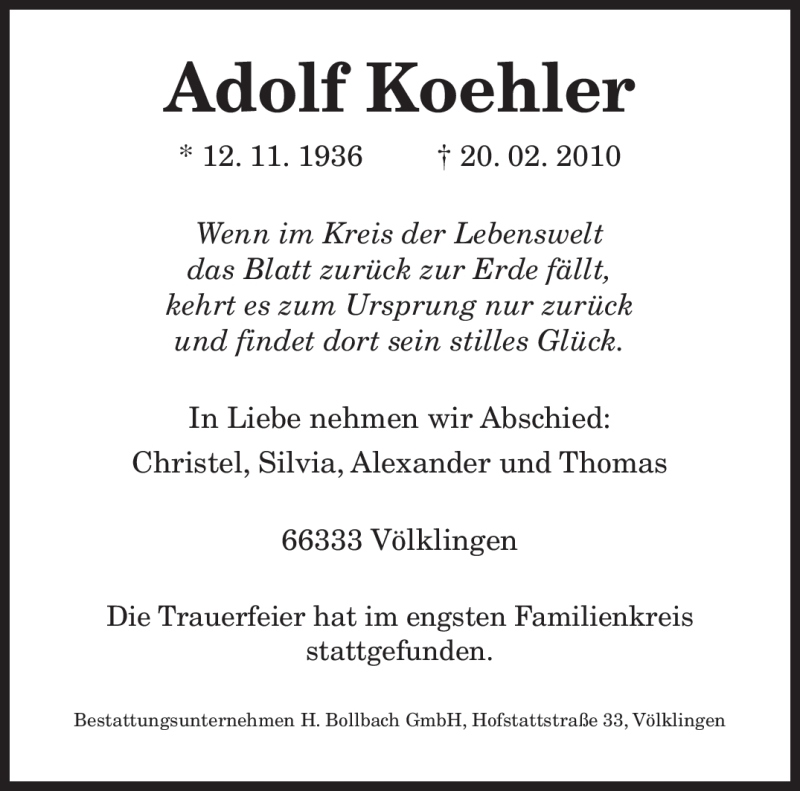 Traueranzeigen Von Adolf Koehler Saarbruecker Zeitung Trauer De