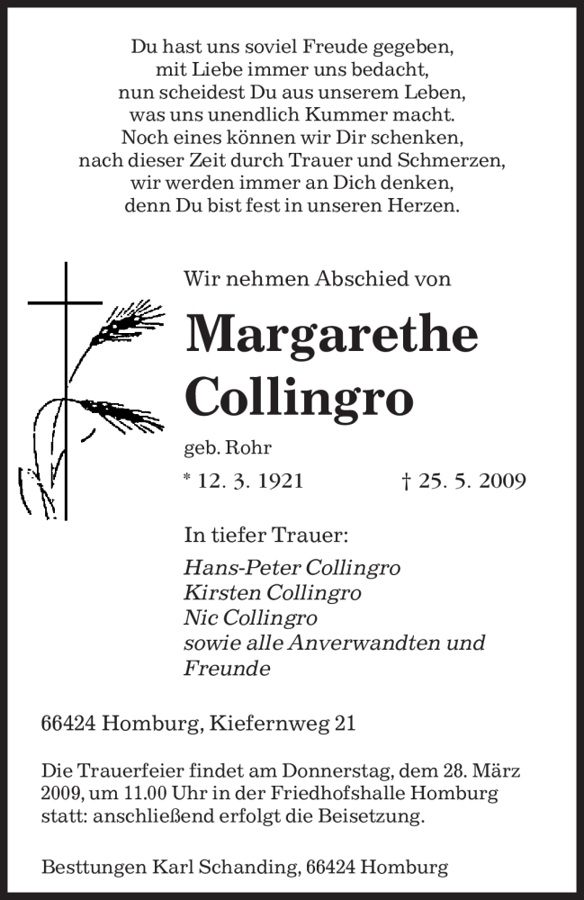 Traueranzeigen Von Margarethe Collingro Saarbruecker Zeitung Trauer De