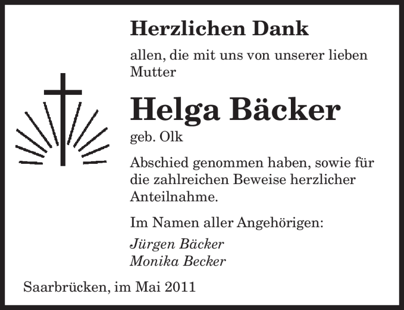 Traueranzeigen Von Helga B Cker Saarbruecker Zeitung Trauer De