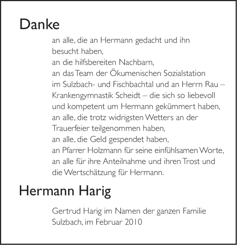 Traueranzeigen Von Hermann Harig Saarbruecker Zeitung Trauer De