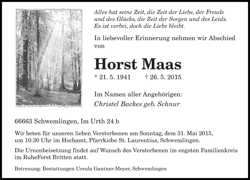  Traueranzeige für Horst Maas vom 29.05.2015 aus saarbruecker_zeitung