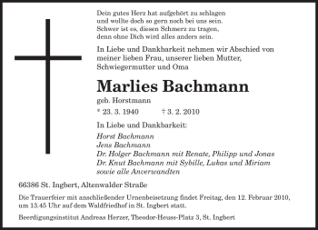 Traueranzeigen Von Marlies Bachmann Saarbruecker Zeitung Trauer De