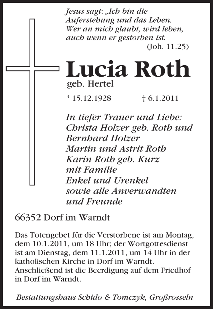 Traueranzeigen Von Lucia Roth Saarbruecker Zeitung Trauer De