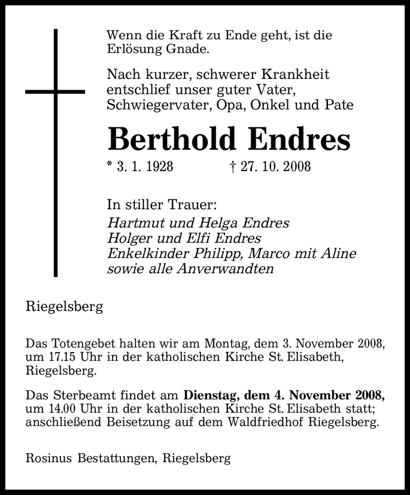 Traueranzeigen Von Berthold Endres Saarbruecker Zeitung Trauer De