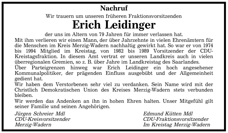 Traueranzeigen Von Erich Leidinger Saarbruecker Zeitung Trauer De