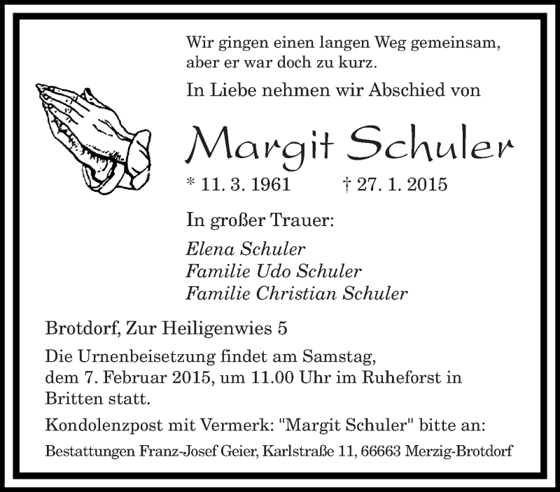  Traueranzeige für Margit Schuler vom 04.02.2015 aus saarbruecker_zeitung