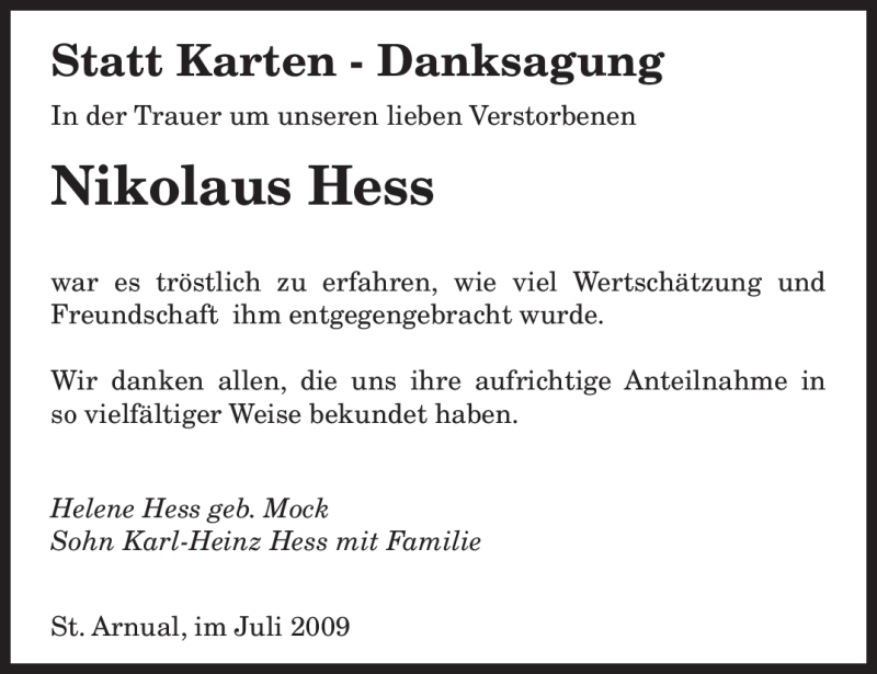 Traueranzeigen Von Nikolaus Hess Saarbruecker Zeitung Trauer De