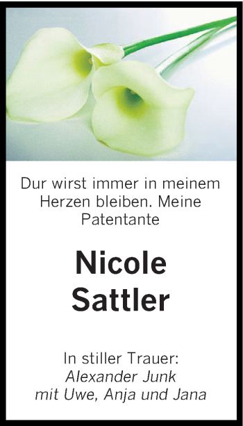 Traueranzeige von Nicole Sattler von saarbruecker_zeitung