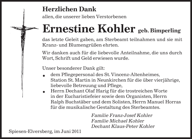 Traueranzeigen Von Ernestine Kohler Saarbruecker Zeitung Trauer De