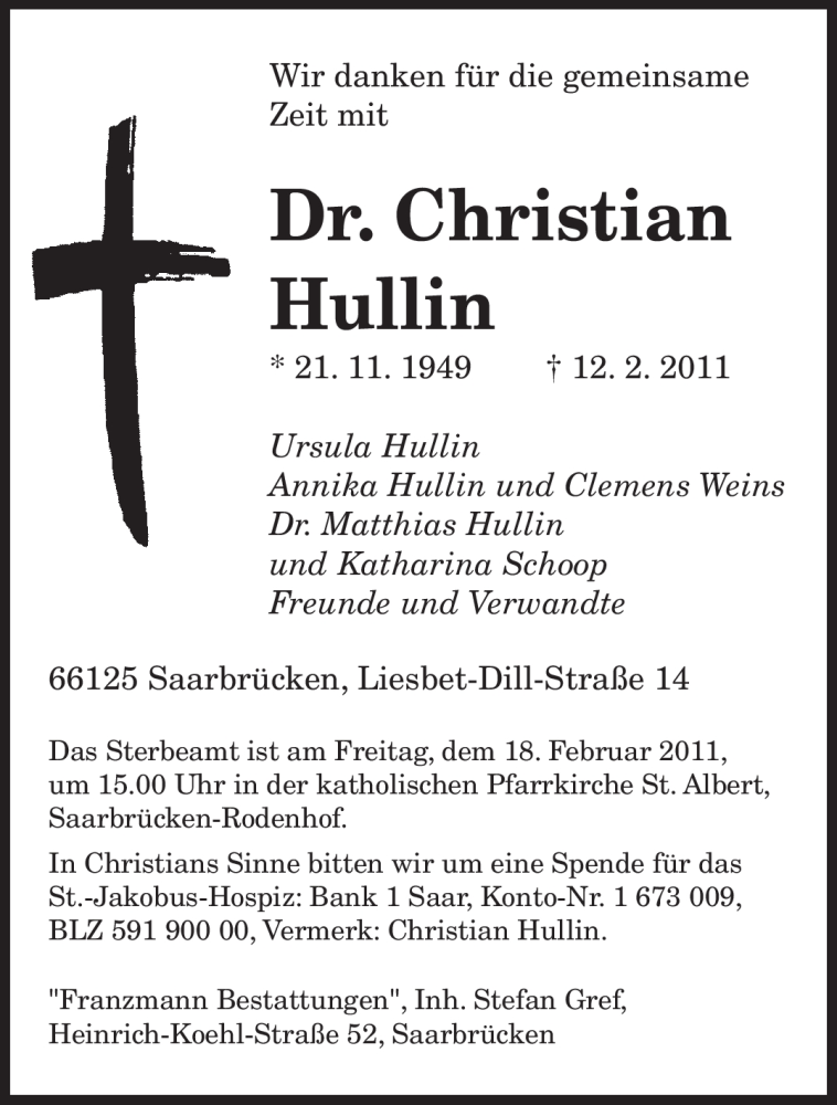 Traueranzeigen Von Christian Hullin Saarbruecker Zeitung Trauer De