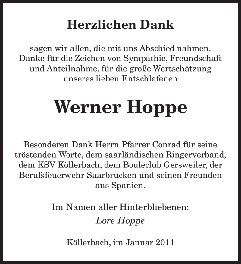 Traueranzeigen Von Werner Hoppe Saarbruecker Zeitung Trauer De