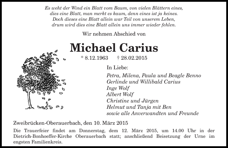  Traueranzeige für Michael Carius vom 10.03.2015 aus saarbruecker_zeitung