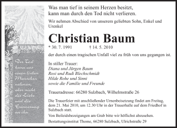 Traueranzeigen Von Christian Baum Saarbruecker Zeitung Trauer De