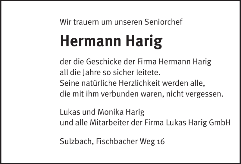 Traueranzeigen Von Hermann Harig Saarbruecker Zeitung Trauer De