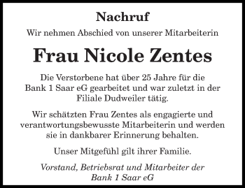 Traueranzeige von Nicole Zentes von saarbruecker_zeitung