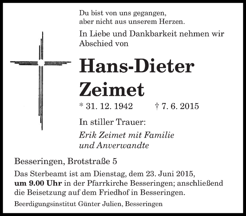  Traueranzeige für Hans-Dieter Zeimet vom 20.06.2015 aus saarbruecker_zeitung