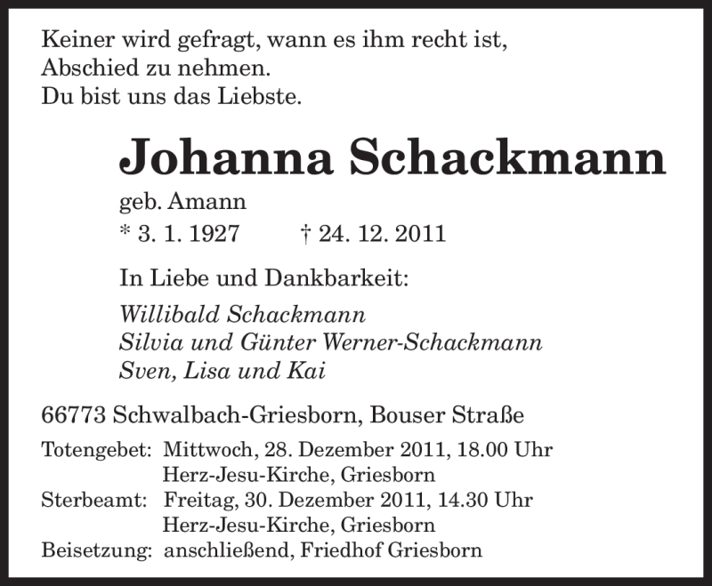 Traueranzeigen Von Johanna Schackmann Saarbruecker Zeitung Trauer De