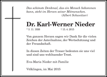 Traueranzeige von Karl-Werner Nieder von saarbruecker_zeitung