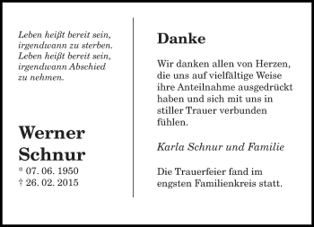 Traueranzeige von Werner Schnur von saarbruecker_zeitung