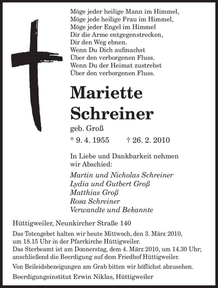 Traueranzeigen Von Mariette Schreiner Saarbruecker Zeitung Trauer De