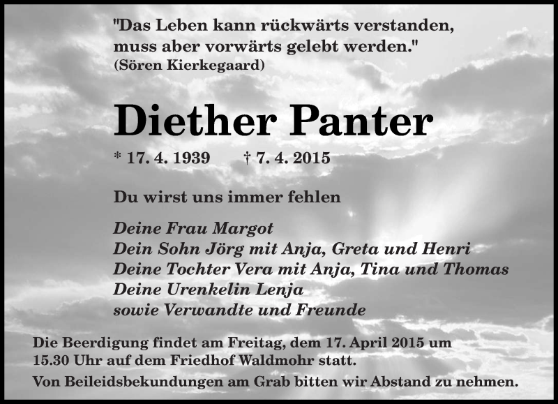 Traueranzeige für Diether Panter vom 15.04.2015 aus saarbruecker_zeitung