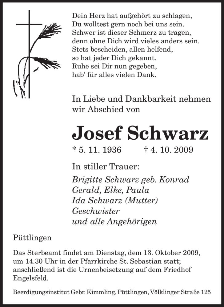 Traueranzeigen Von Josef Schwarz Saarbruecker Zeitung Trauer De