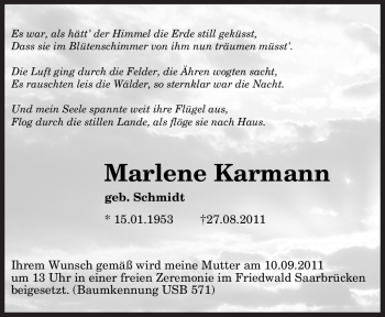 Traueranzeigen Von Marlene Karmann Saarbruecker Zeitung Trauer De