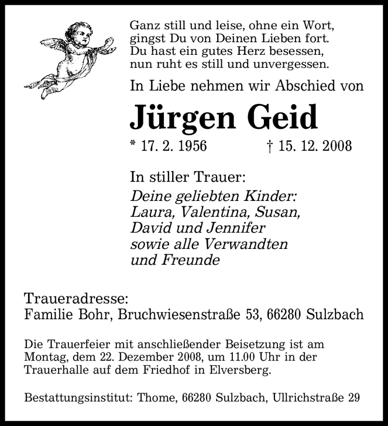 Traueranzeige für Jürgen Geid vom 18.12.2008 aus SAARBRÜCKER ZEITUNG