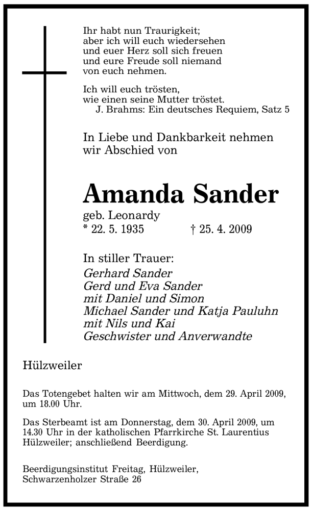 Traueranzeigen Von Amanda Sander Saarbruecker Zeitung Trauer De