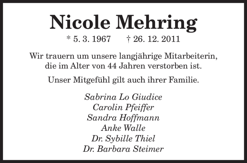  Traueranzeige für Nicole Mehring vom 31.01.2012 aus SAARBRÜCKER ZEITUNG