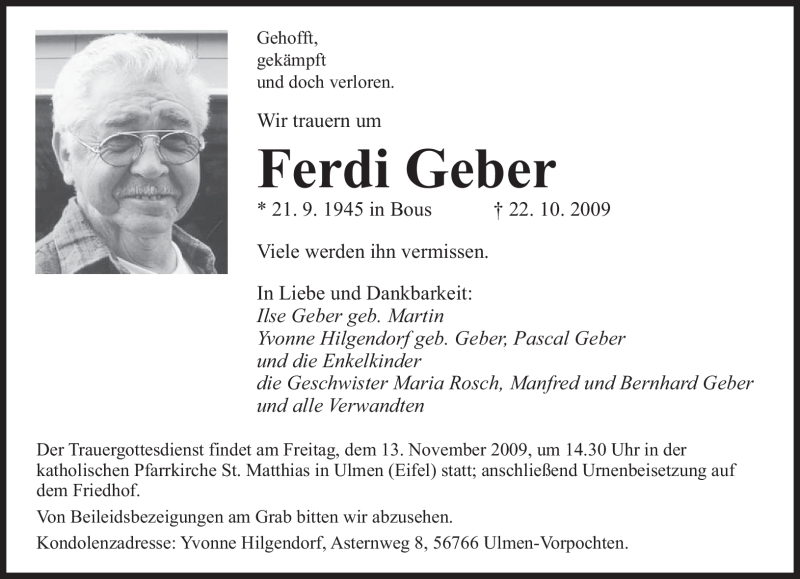 Traueranzeigen Von Ferdi Geber Saarbruecker Zeitung Trauer De