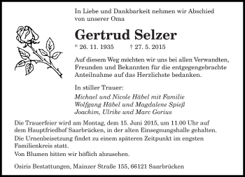 Traueranzeige von Gertrud Selzer von saarbruecker_zeitung