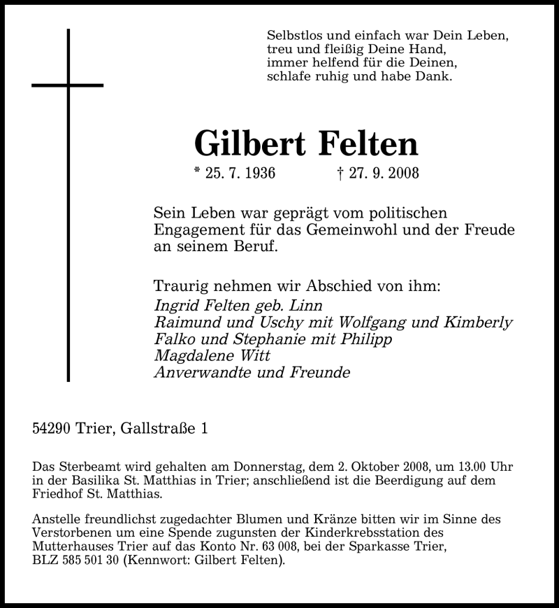  Traueranzeige für Gilbert Felten vom 30.09.2008 aus SAARBRÜCKER ZEITUNG