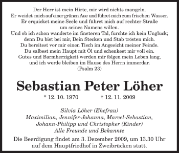 Traueranzeigen von Sebastian Peter Löher Saarbruecker Zeitung Trauer de