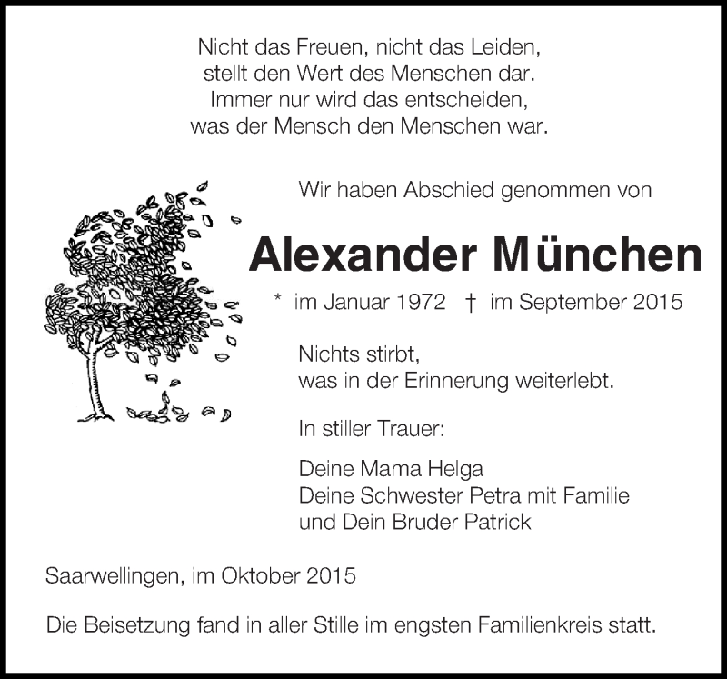  Traueranzeige für Alexander München vom 17.10.2015 aus saarbruecker_zeitung