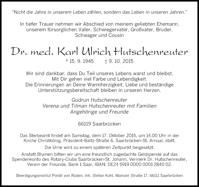  Traueranzeige für Karl Ulrich Hutschenreuter vom 14.10.2015 aus saarbruecker_zeitung