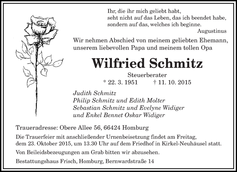  Traueranzeige für Wilfried Schmitz vom 21.10.2015 aus saarbruecker_zeitung