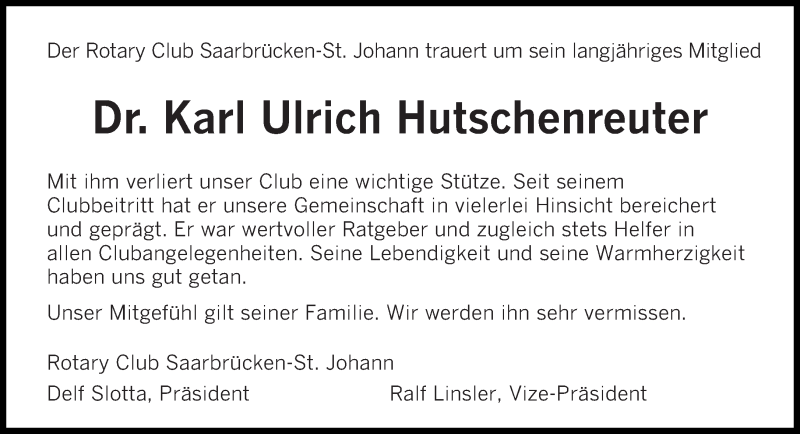  Traueranzeige für Karl Ulrich Hutschenreuter vom 17.10.2015 aus saarbruecker_zeitung