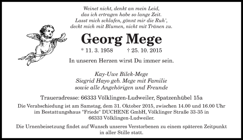  Traueranzeige für Georg Mege vom 29.10.2015 aus saarbruecker_zeitung